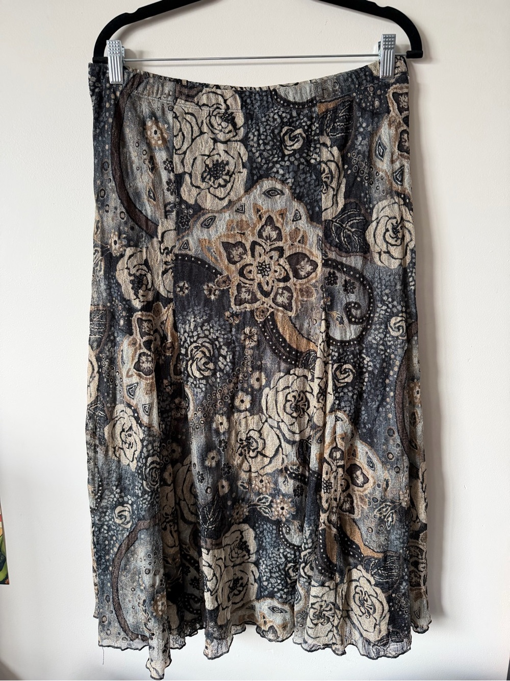 Coldwater Creek Floral Paisley A-Line Skirt in Black, Cream and Tan